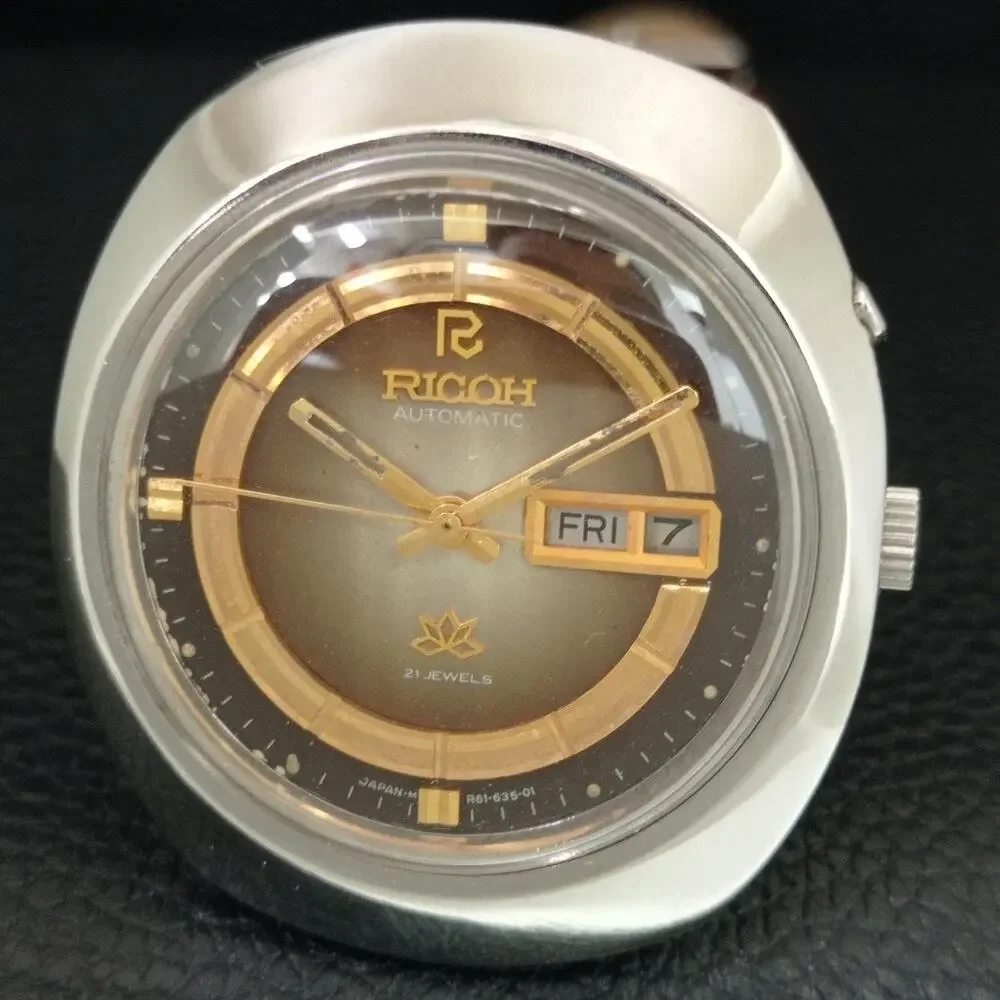Vintage 1975 Ricoh Automatic Mens Silver Watch W/daydate & Gold accents
